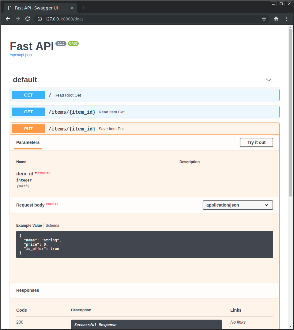 Screenshot of FastAPI /docs page